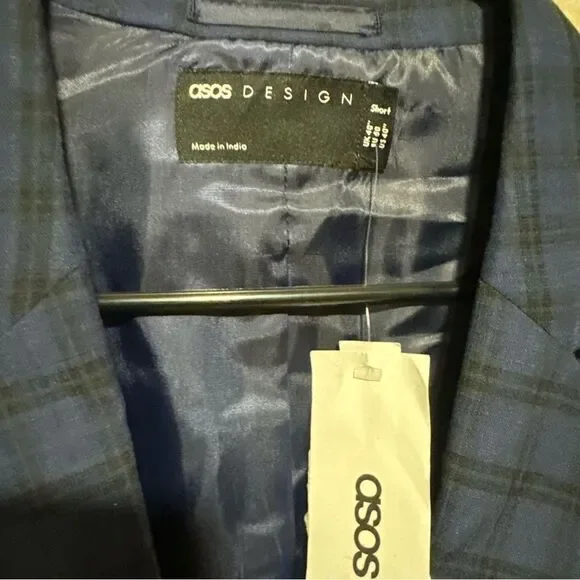 ASOS DESIGN skinny suit belted jacket with dark blue windowpane check